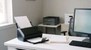Desktop document scanner and printed papers on a dental office desk next to a computer monitor